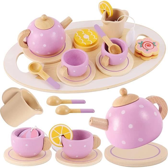 Dinette en Bois pour Enfant, Service à Thé Rose Jeux Accessoires de
