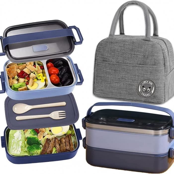 Lunch Box Inox avec Sac Lunch, 1100ml Double Couche Boite Repas avec 3 Compartiments et
