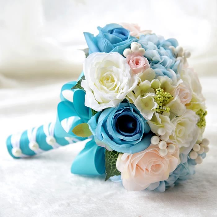 Bleu 25cm Bouquet De Mariage Fleur Rose Artificiel Pour Mariee
