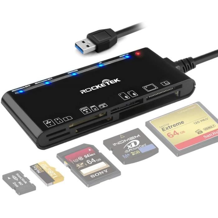 Lecteur De Carte Mémoire USB 3.0 Rocketek 7-en-1 - Compatible SD, MicroSD, CF, XD, MS - Haut Débit 5Gbps Pour PC, Mac Et Linux (Câble Intégré)