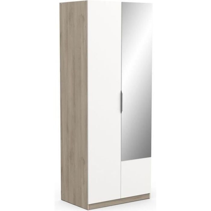 Armoire GHOST - Décor chêne kronberg et blanc mat - 2 Portes + 1 miroir - L.79,4 x P.51,1 x H. 203 c