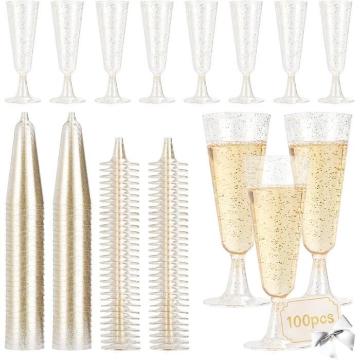 Lot de 100 Flûtes à Champagne en Plastique de 160 Ml avec Paillettes