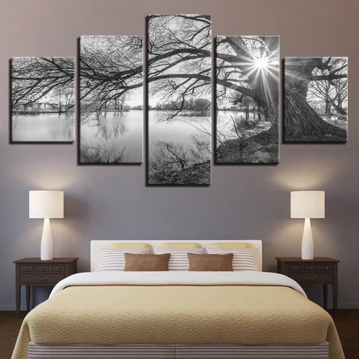 Toiles Peintures Imprimees 5 Pieces Lakeside Grands Arbres Noir