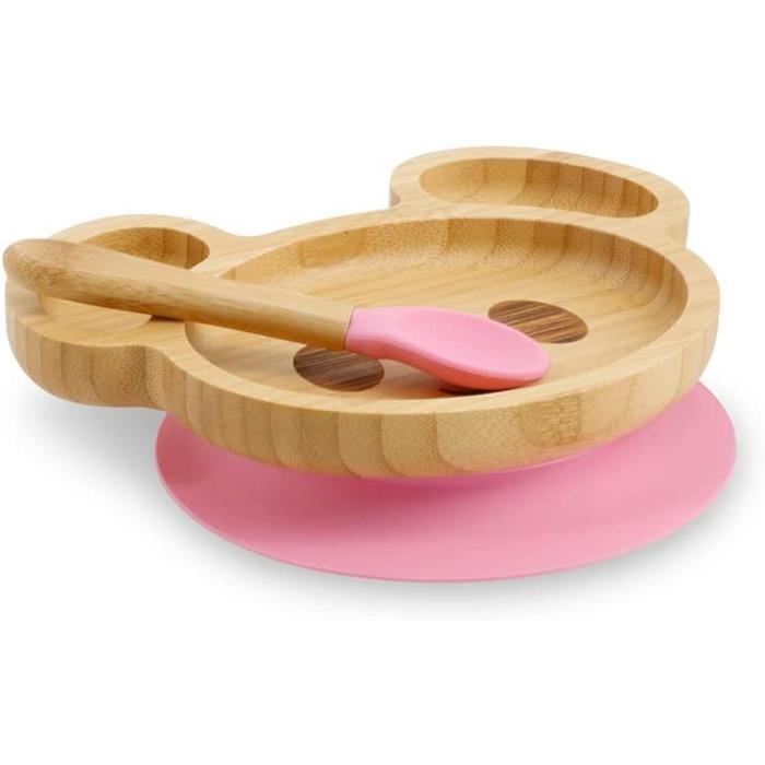 Assiette Bébé Avec Ventouse En Bambou Et Silicone - Forme Animal, Compartiments, Fourchette/cuillère Incluses - Dès 3 Mois
