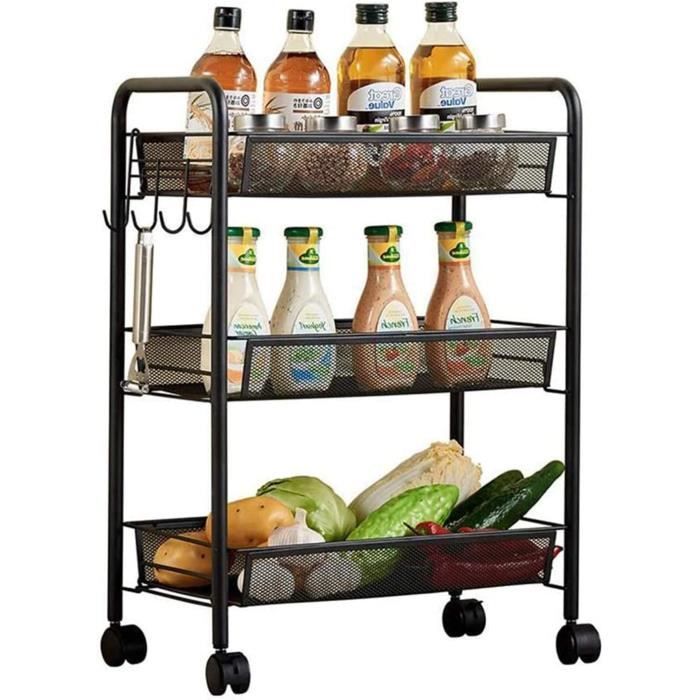 Desserte à Roulettes 3 Niveaux 43x36x86 Cm – Chariot Rangement Cuisine, Buanderie, Chambre Avec Poignée