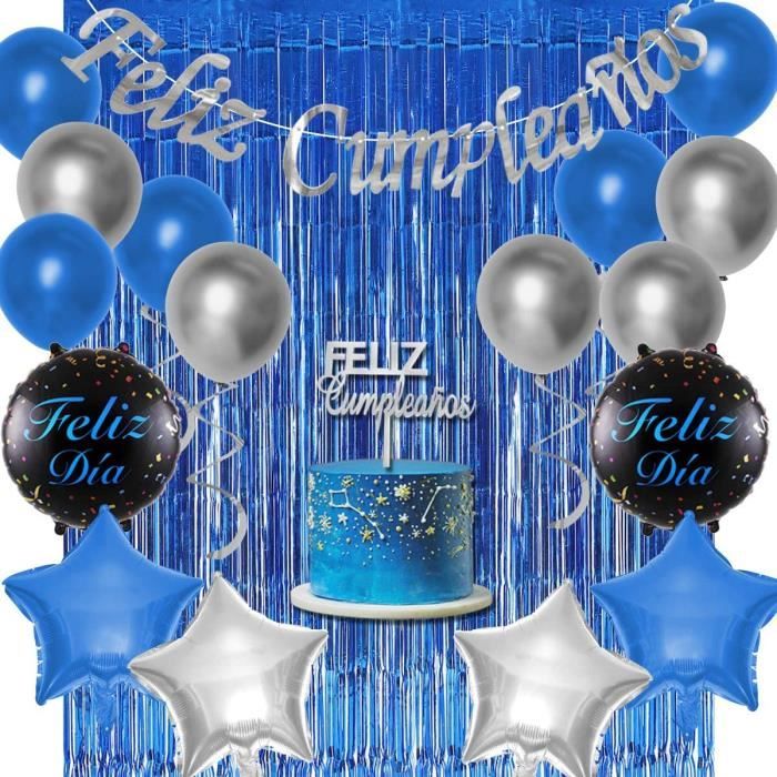 Decorations D Anniversaire Espagnoles Feliz Cumpleanos Decorations Bleu Et Rgent Nniversaire Banniere Ballons Gateau Topper Rideau Cdiscount Maison