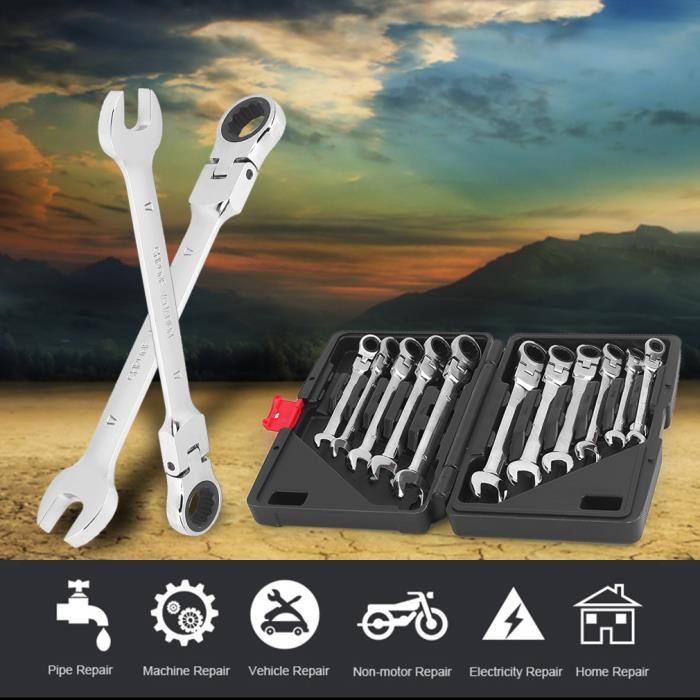 12pcs Clé À Cliquet Métrique Inflexible Mixtes Outil Chrome Vanadium 8mm-19mm