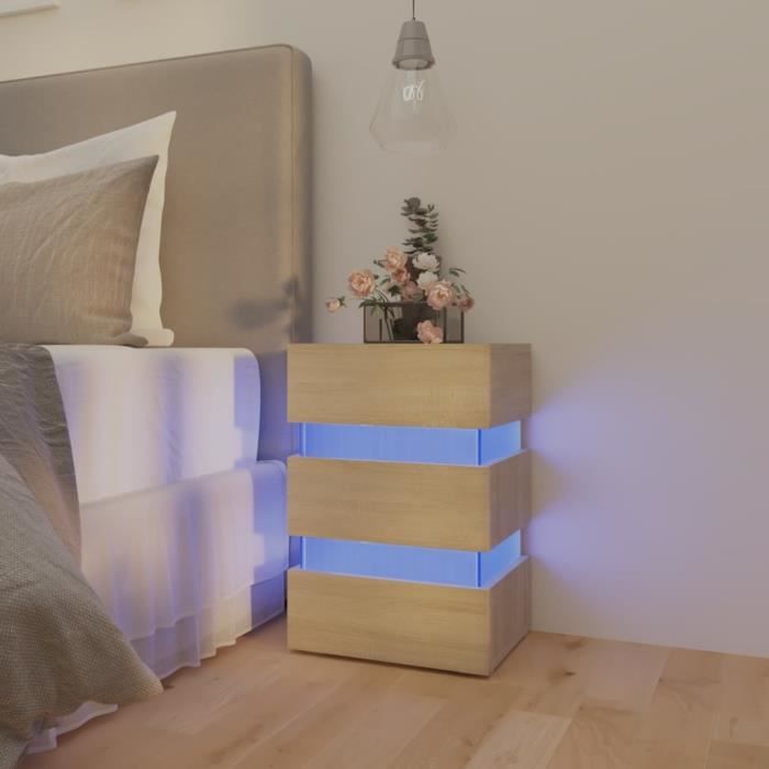 JM - Table de chevet à LED Chêne sonoma 45x35x67 cm - Avec connexion USB et télécommande
