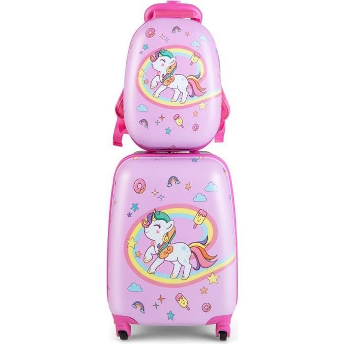 costway valise enfant à roulettes 16’’ + sac à dos 12’’, ensemble de bagage enfants avec motif licorne, pour voyages en avion, rose