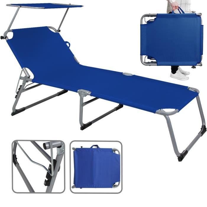 Chaise longue pliable Hawaii Bleu transat avec pare-soleil bain de soleil pour plage jardin camping transport