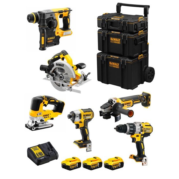 DeWALT Kit DWK601 DCD996 + DCH273 + DCG405 + DCF887 + DCS334 + DCS570 + 3 x 5 0 Ah + DCB115 + Caddy 3en1