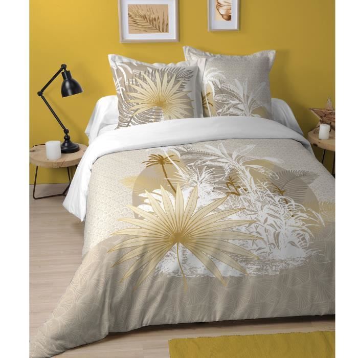 Parure de couette - LOVELY CASA - Maldives Naturel - 260x240 + 2x65x65 cm - Naturel/Blanc/Or - Impressions exotiques