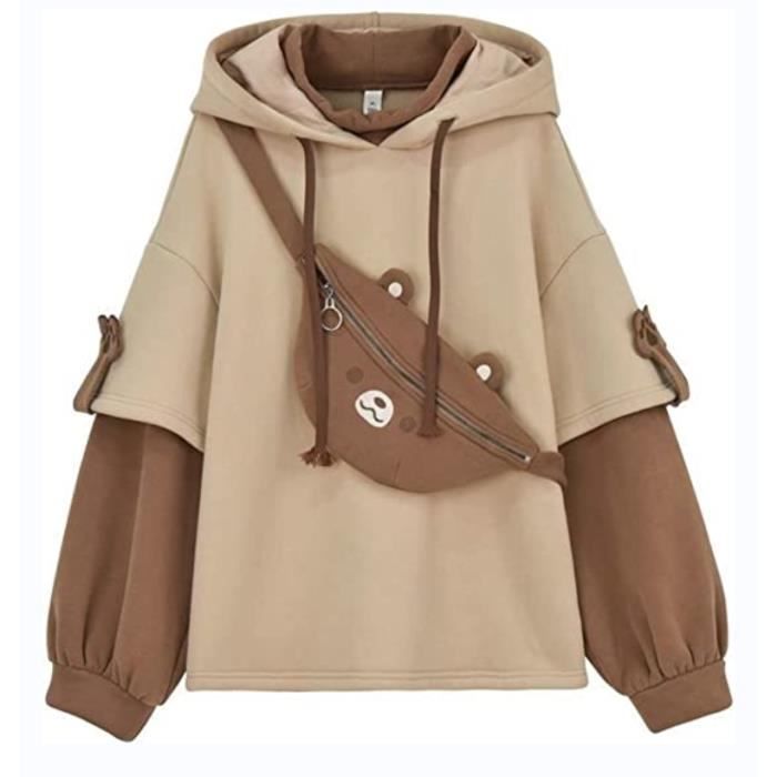 Femme Ours Anime Sweat A Capuche Col Rond Fille Japonais Kawaii Vetement Hauts Harajuku Pull Streetwear marron S