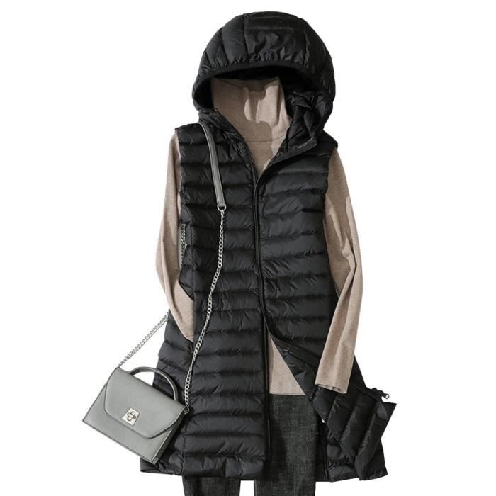 Doudoune femme ?� capuche sans manches mi-longue couleur unie fermeture ?�clair hiver Noir Lizelu 