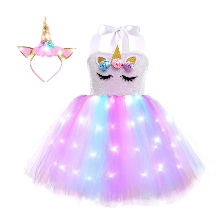 Iixpin Enfant Fille Robe Licorne LED Lumineuse avec Bandeau Costume Licorne Robe Soiree Fete Cadeau 1 10 Ans 1 Cdiscount Jeux Jouets