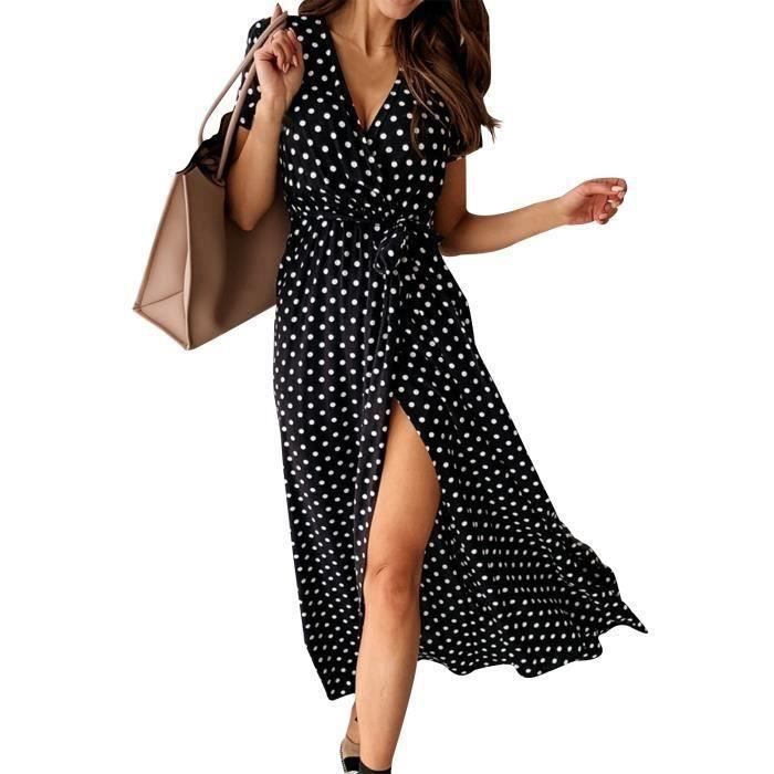 R.Vivimos Robe D'Été Bohème Femme - Col V Bouton Manches Courtes Fleurie Longue A-Line Plage Vacances