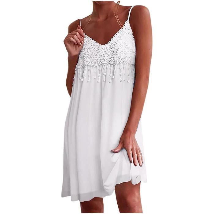 Robe D'été Femme Avec Short Intégré - Col V, Blanc, Mi-longue, Poches, Style Décontracté Plage Ou Ville, Polyester