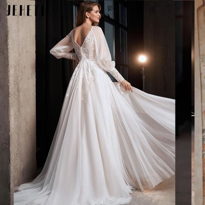 Robe de marie en Tulle manches longues bouffantes fente latrale ligne a longueur au sol dentelle dos nu ivoire Blanc Cdiscount Pret a Porter