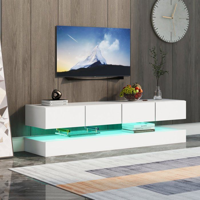 Meuble TV mural LED - 2 armoires 4 tiroirs - Blanc - 130*33*15cm
