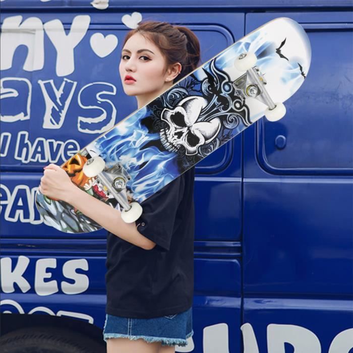 Skateboard Complet Motif Crâne – Planche 7 Couches érable, Roues PU 53mm – Pour Débutants Et Confirmés, Unisexe