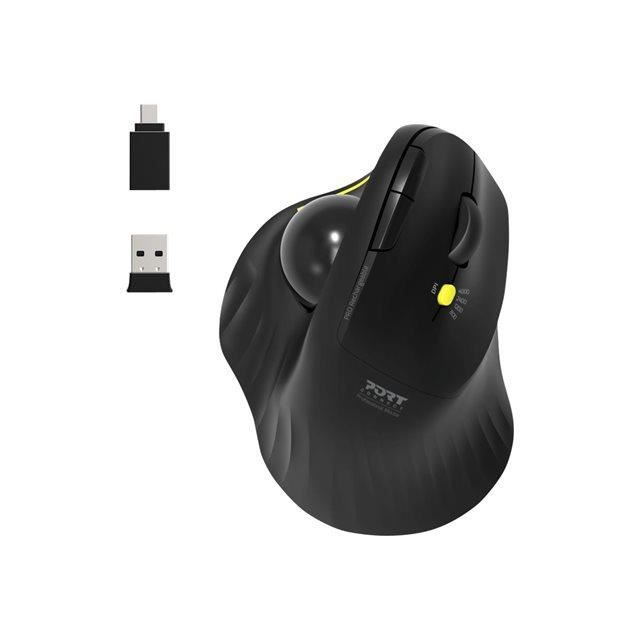 port connect souris ergonomique avec boule directionnelle bluetooth sans fil rechargeable usb-a / usb-c 2.4 ghz noir