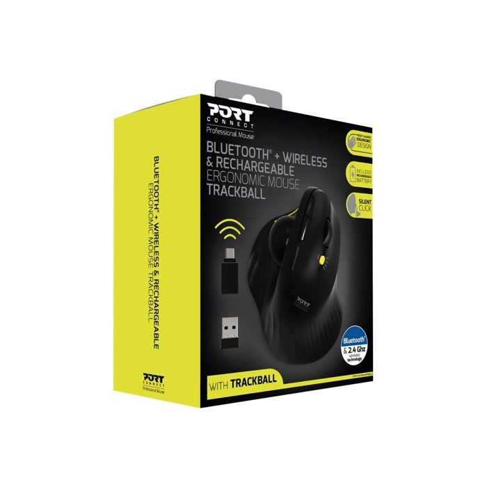 port connect souris ergonomique avec boule directionnelle bluetooth sans fil rechargeable usb-a / usb-c 2.4 ghz noir