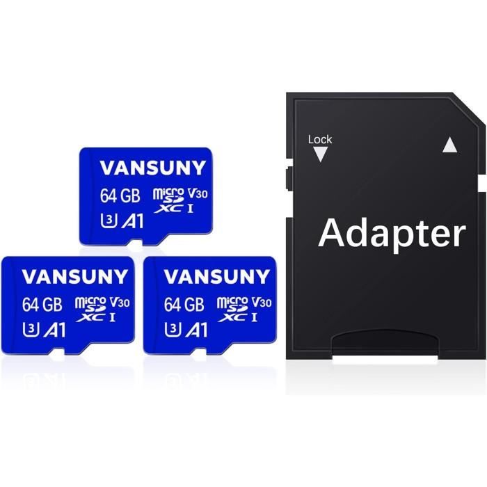 Lot De 2 Cartes Micro SD 64Go Vansuny + Adaptateur - Vitesse Lecture 90 Mo/s (A1, U1, C10, V10)