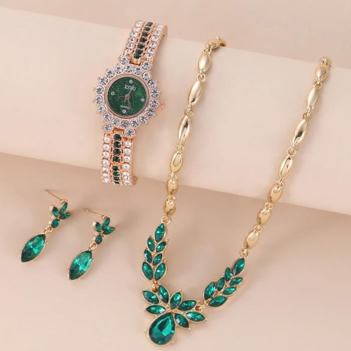 Coffret montre femme + des boucles d'oreilles + collier – diamant gemme verte cadran ciel étoilé bracelet en acier grâce tempérament