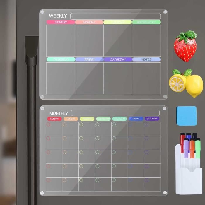 Calendrier Magnétique Frigo 2 Pièces - Acrylique 35x25 Cm, Effaçable, Avec Marqueurs Et Aimants