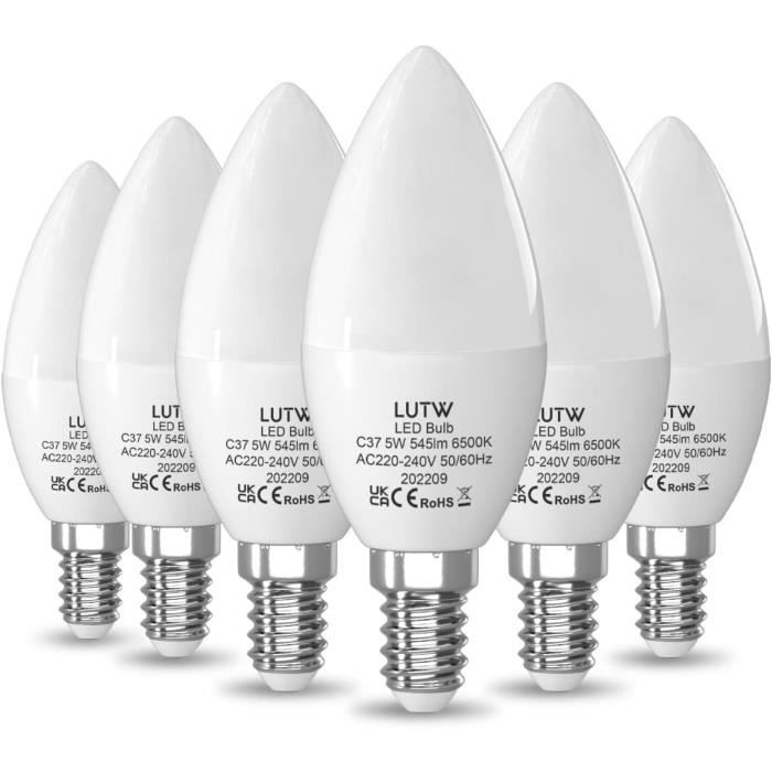 Ampoule LED E14 Blanc Froid 6500K, Ampoule Bougie LED C37 Plastique, 5W