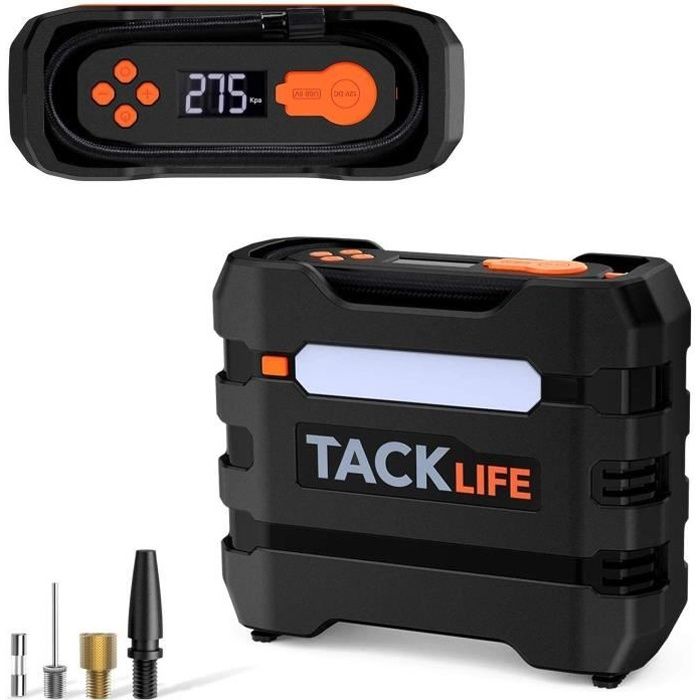 150PSI Mini Compresseur Portable avec Grand LCD Écran Gonfleur Electrique de Pneu 12V LED Lampe Fusible Supplémentaire TACKLIFE ACP1B Compresseur d’Air Voiture 4 Adapteur de Buse 