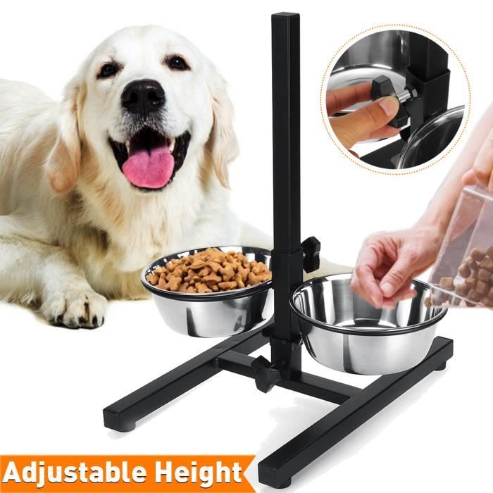 Bar pour Chien - Buffet Double Gamelle Hauteur Ajustable - Acier Inoxydable - Noir