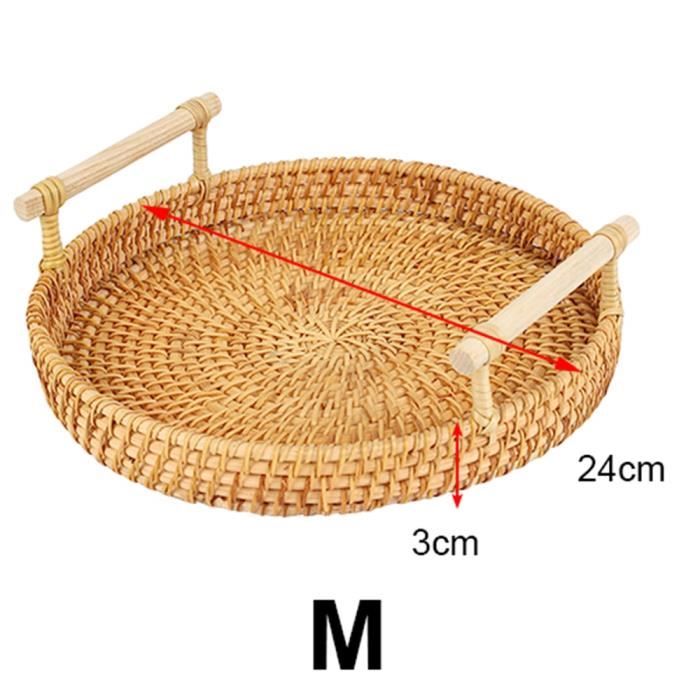 ISAKEN Panier de Rangement Rond en Rotin, Corbeille de Fruits en Osier, Plateau à Fruits et à Pain Boîte de Rangement Portable pour Pique-Nique Organisateur Tressé Naturel pour Cuisine, 3 pcs