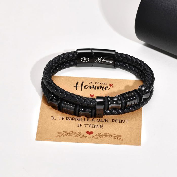 Bracelet Homme En Cuir Tressé Gravé "Je T'aime" - Fermoir Magnétique Acier Inoxydable - Cadeau Anniversaire, Noël, Fête Des Pères - 11