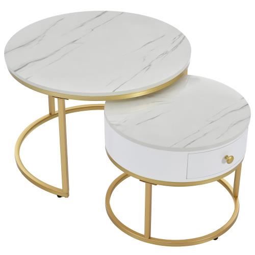 table basse gigogne, ronde, structure en métal, plateau en placage de marbre blanc table basse gigogne, ronde, structure en métal, plateau en placage de marbre blanc