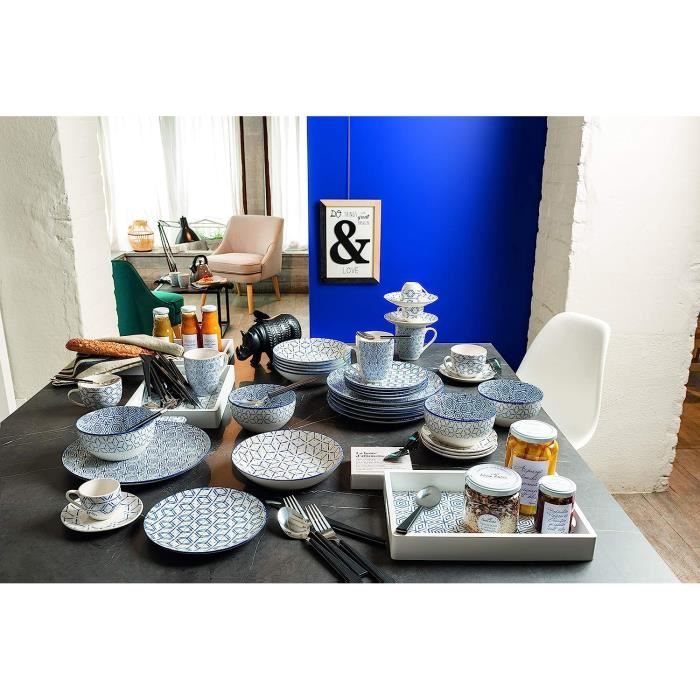 Service de table moderne pour 6 personnes en bleu avec bord blanc,  vaisselle combinée | bol