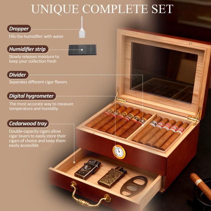 Cave à Cigares De Voyage Pour 5 Cigares (50RG) - Boîte Portable Avec Coupe, Support, Hygromètre - Cadeau Amateur Cigare (Noir)