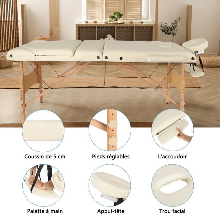 Vesgantti Table de Massage Pliante en Bois 3 Zones Lit de Massage