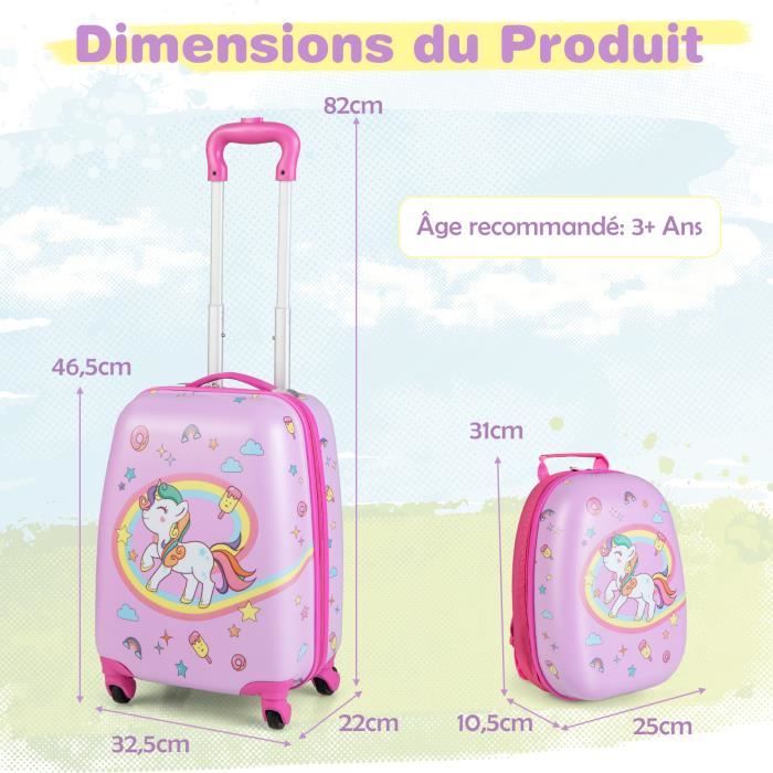 COSTWAY Valise 16’’ Sac à Dos 12’’ Bagage à Roulettes En Rose Pour Enfants Trolley A Roulettes Avec Motif Licorne Pour Filles