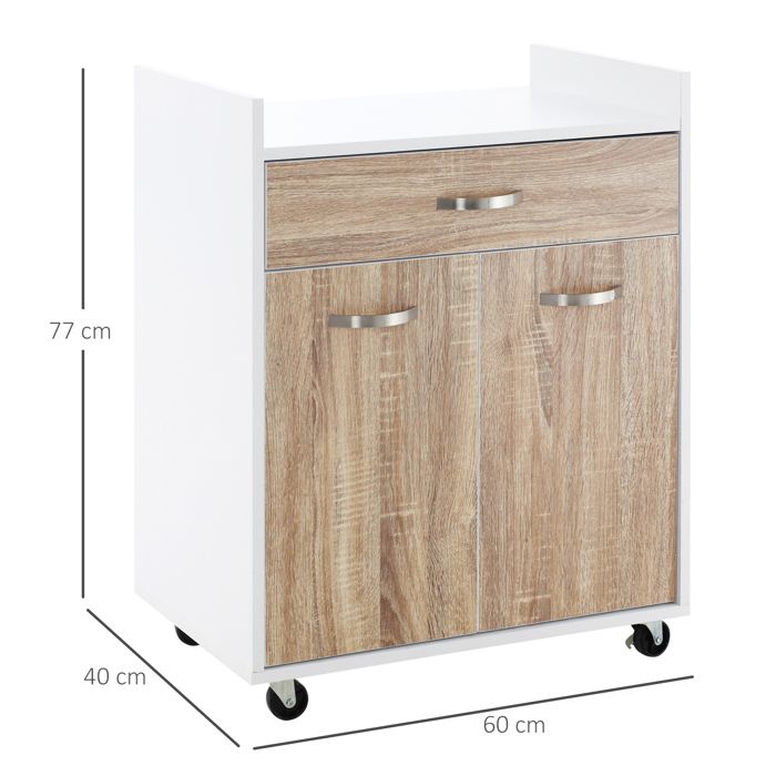 Chariot De Cuisine Roulant HOMCOM - 3 Tiroirs, Plateau Amovible, Blanc Et Bois - 67x85 Cm