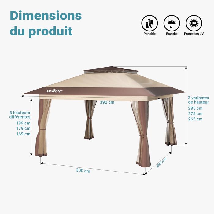 Tonnelle De Jardin Pliante Wiltec 2,5x2,5x2,7m Grise - Pavillon Gazebo Étanche Avec Fermeture Centrale - Idéal Pour Fêtes Et Camping