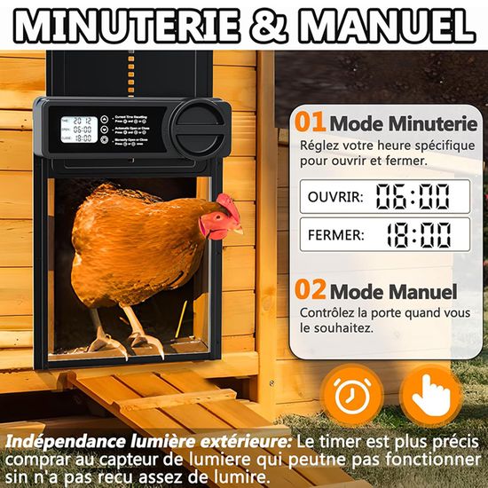 Porte De Poulailler Automatique Solaire - Écran LCD Minuterie Capteur Lumière - Alliage Aluminium + Télécommande
