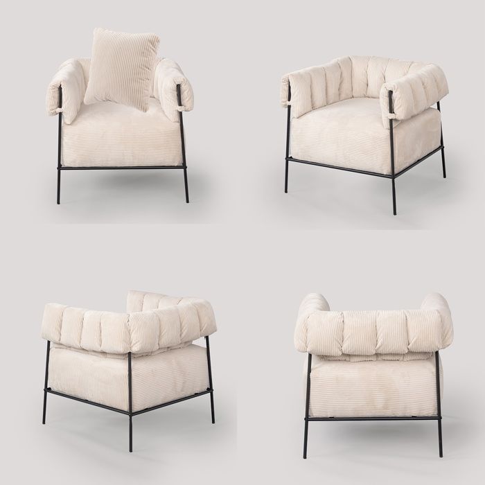 Fauteuil Velours Côtelé Beige Avec Pieds Métal Noir - Assise Épaisse, Confort Max, Capacité 120 Kg