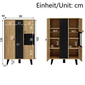 Vitrine industrielle 2 portes 3 tiroirs OLIN. Couleur bois et noir