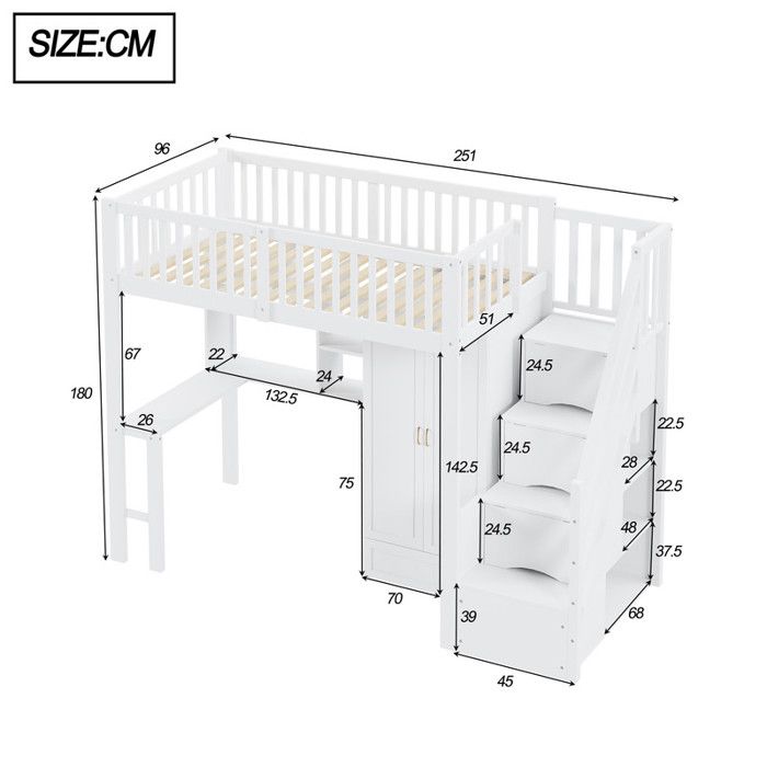 Lit Mezzanine Enfant 90 X 200, Avec Tiroirs De Rangement Et Bureau Sous Lit Blanc 97099667