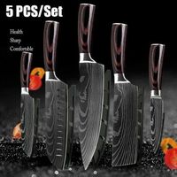 Couteau de chef, 5PCS couteaux de cuisine professionnels en acier inoxydable couperet à viande manche en bois