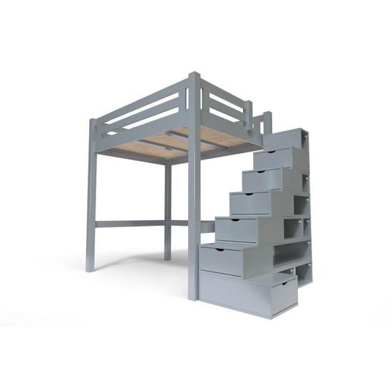 Lit Mezzanine Alpage bois + escalier cube hauteur réglable ABC MEUBLES - 120X200 - Gris aluminium