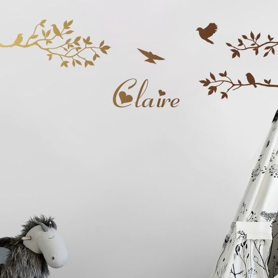 Stickers Muraux Deco Chambre Enfant Ado Les Oiseaux Poses Sur Une Branche Prenom Cuivre 370x350 Mm Achat Vente Stickers Cdiscount