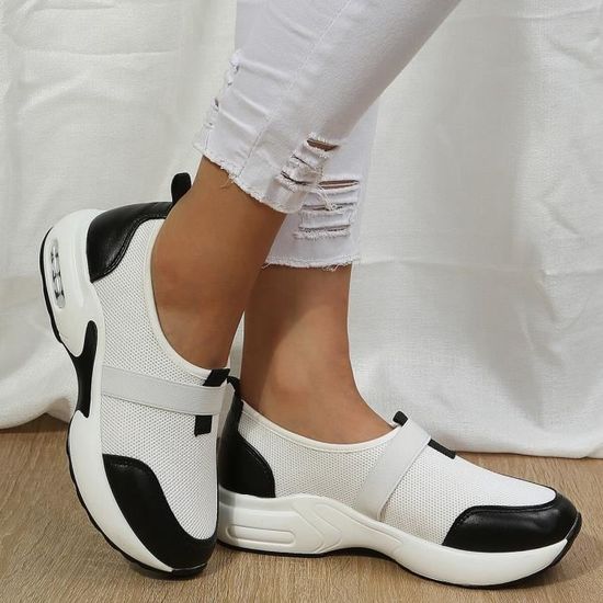 Chaussures De Sport Femme Blanches Sans Lacets - Sneakers Slip-on Maille Antidérapante, Confortables