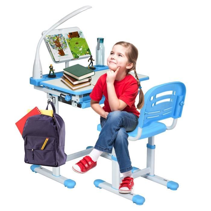 DREAMADE Bureau Enfant Ergonomique Multifonctionnel avec 1 Chaise, avec Lampe Repose de Livre Tiroir Coulissant